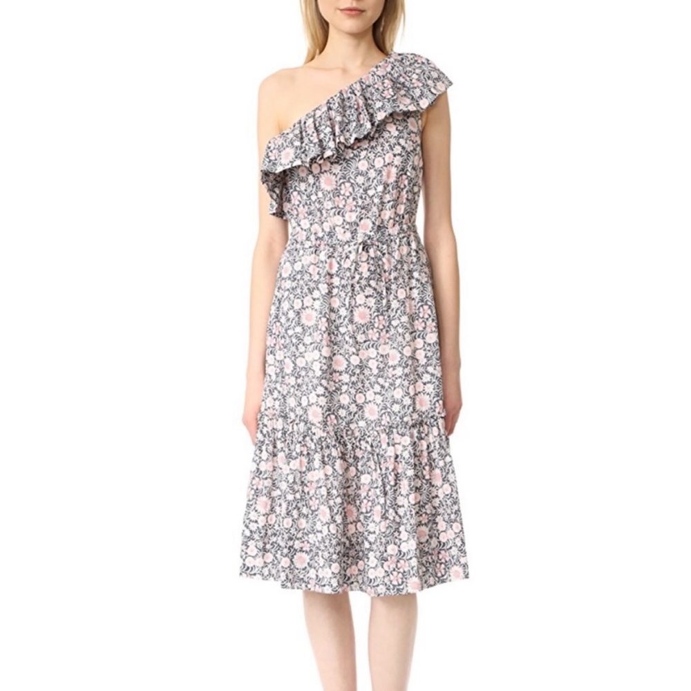 La Vie Rebecca Taylor Dress Gray Floral Pullover Midi One Shoulder ZINNIA XS